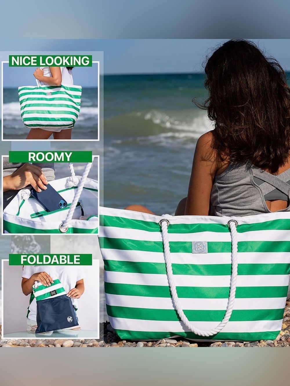 BANG&CARSEN Extra Large Beach Bag W/ Zipper Beach Tote For Women NWT blue - Picture 12 of 16
